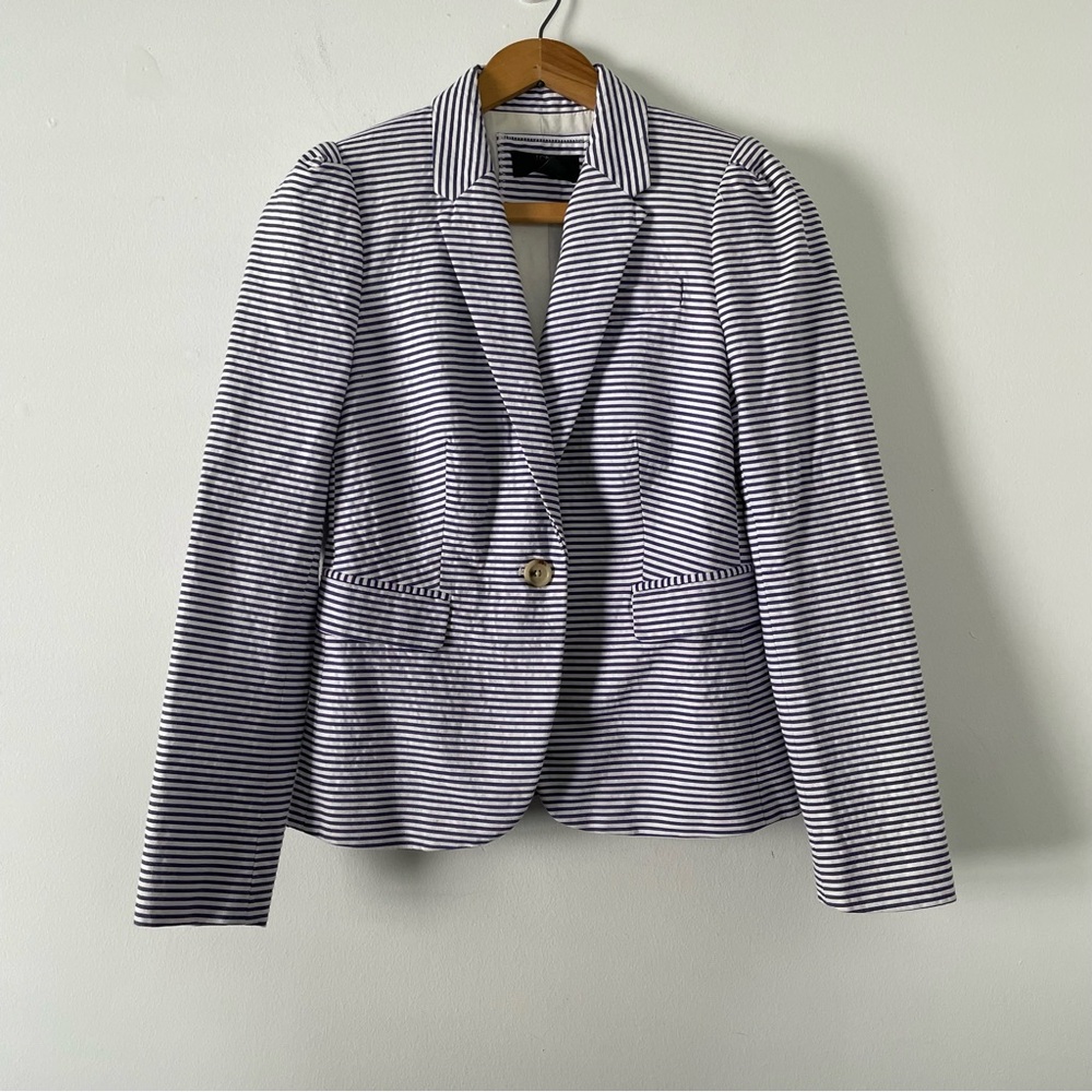J. Crew Blue and White Striped Cotton Single Button Summer Blazer Size 2